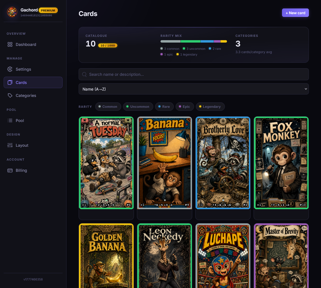 Web admin — custom cards and categories editor