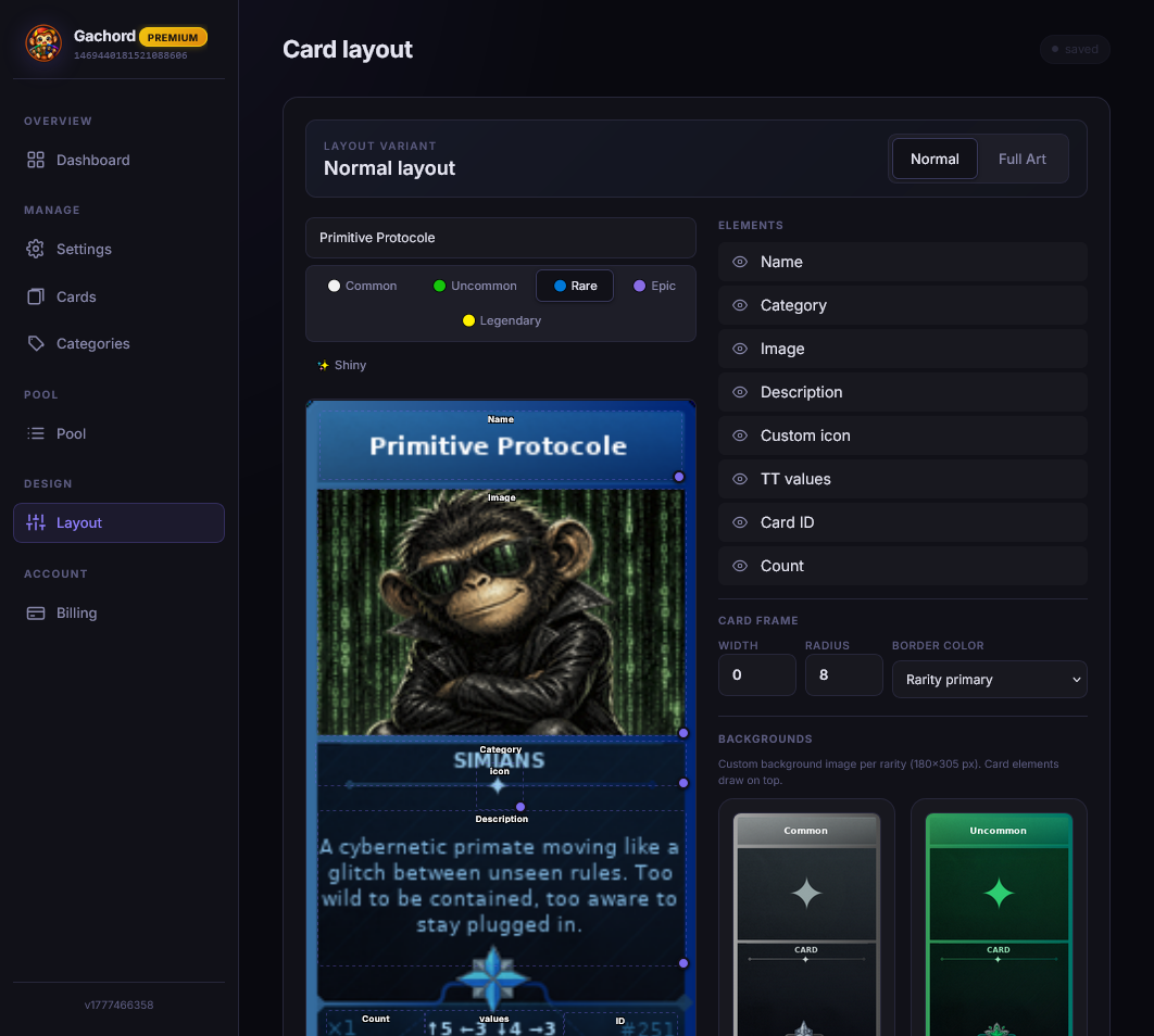 Web admin — WYSIWYG card layout editor