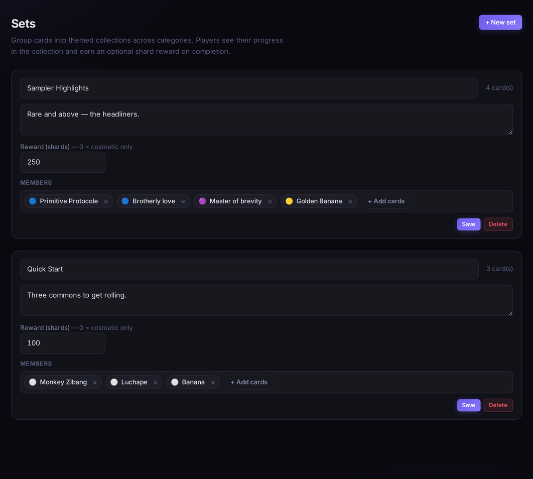 Web admin — Sets curation tab with Sampler Highlights and Quick Start