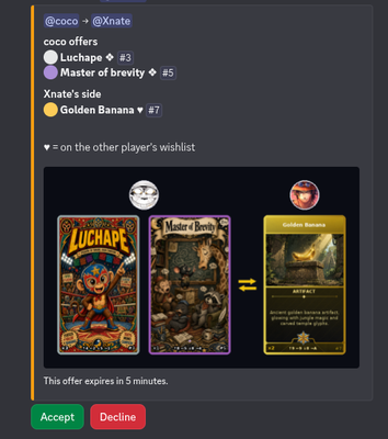 /trade offer embed with two cards on each side and Accept/Decline buttons